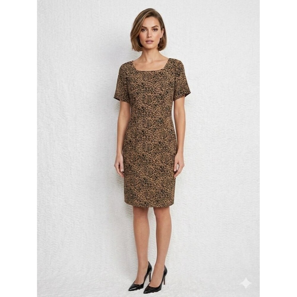 Robbie Bee Dress Womens 14W Plus Brown Leopard Short Sleeve Sheath Knee Length